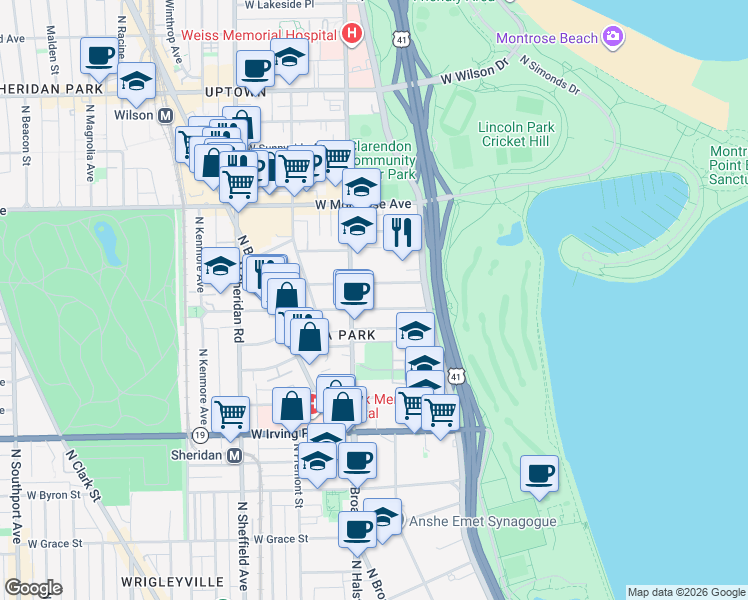 map of restaurants, bars, coffee shops, grocery stores, and more near 736 West Buena Avenue in Chicago