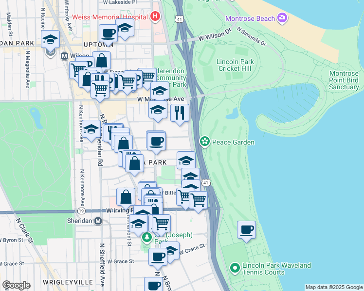 map of restaurants, bars, coffee shops, grocery stores, and more near 656 West Buena Avenue in Chicago