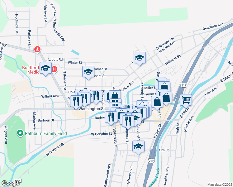 map of restaurants, bars, coffee shops, grocery stores, and more near 20 Jackson Avenue in Bradford