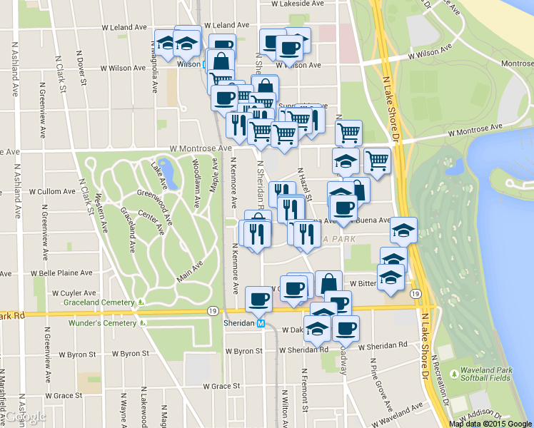 map of restaurants, bars, coffee shops, grocery stores, and more near 4244 North Broadway in Chicago