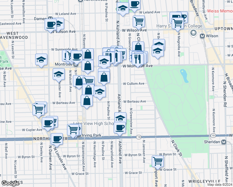 map of restaurants, bars, coffee shops, grocery stores, and more near 4259 North Ashland Avenue in Chicago