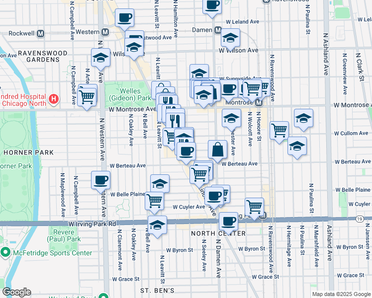 map of restaurants, bars, coffee shops, grocery stores, and more near 2055 West Cullom Avenue in Chicago
