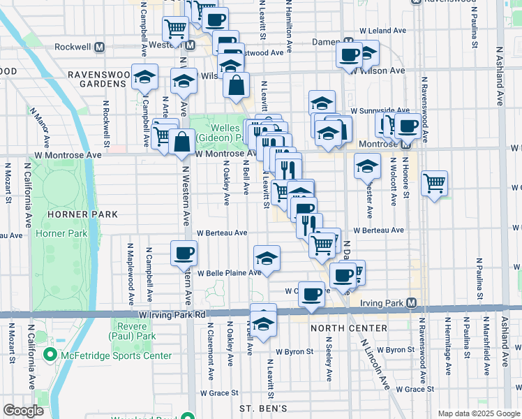 map of restaurants, bars, coffee shops, grocery stores, and more near 2207 West Cullom Avenue in Chicago