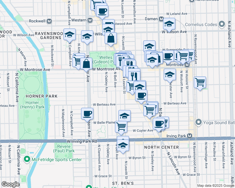 map of restaurants, bars, coffee shops, grocery stores, and more near 2207 West Cullom Avenue in Chicago