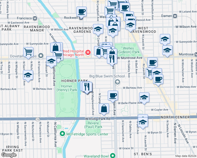 map of restaurants, bars, coffee shops, grocery stores, and more near 2477 West Cullom Avenue in Chicago