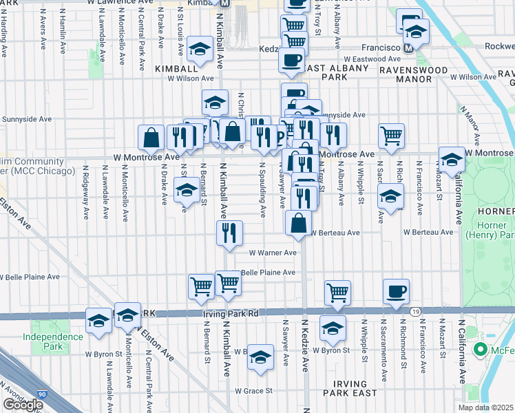 map of restaurants, bars, coffee shops, grocery stores, and more near 3306 West Cullom Avenue in Chicago