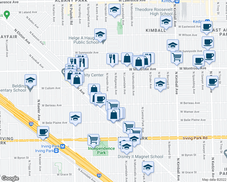 map of restaurants, bars, coffee shops, grocery stores, and more near 4309 North Ridgeway Avenue in Chicago