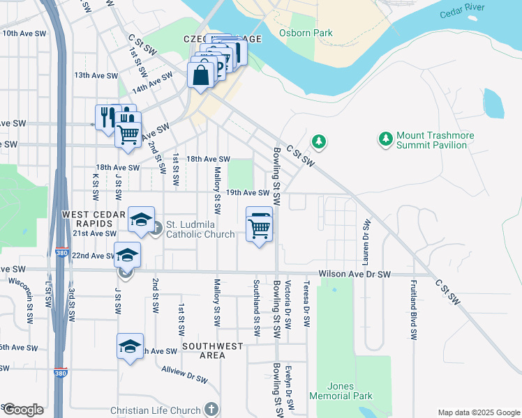 map of restaurants, bars, coffee shops, grocery stores, and more near 139 19th Avenue Southwest in Cedar Rapids