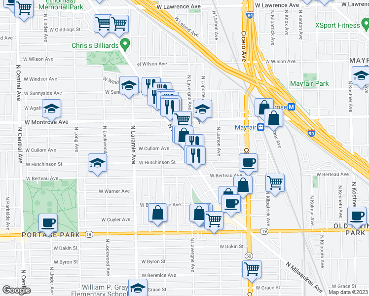 map of restaurants, bars, coffee shops, grocery stores, and more near North Milwaukee Avenue & West Cullom Avenue in Chicago