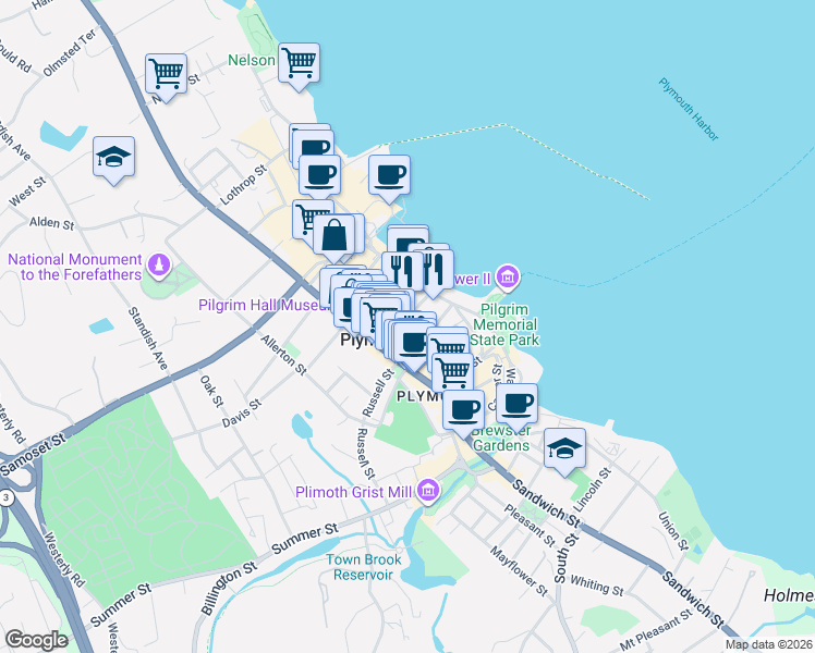 map of restaurants, bars, coffee shops, grocery stores, and more near 114 Water Street in Plymouth