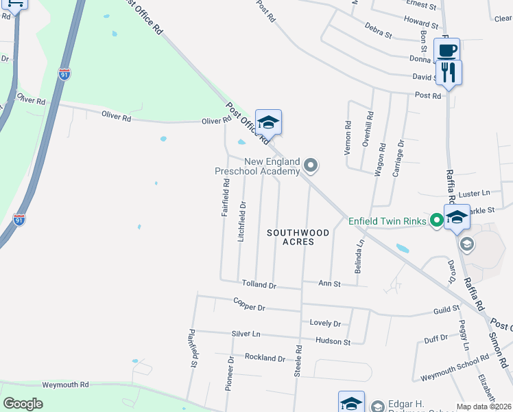 map of restaurants, bars, coffee shops, grocery stores, and more near 7 Windham Road in Enfield