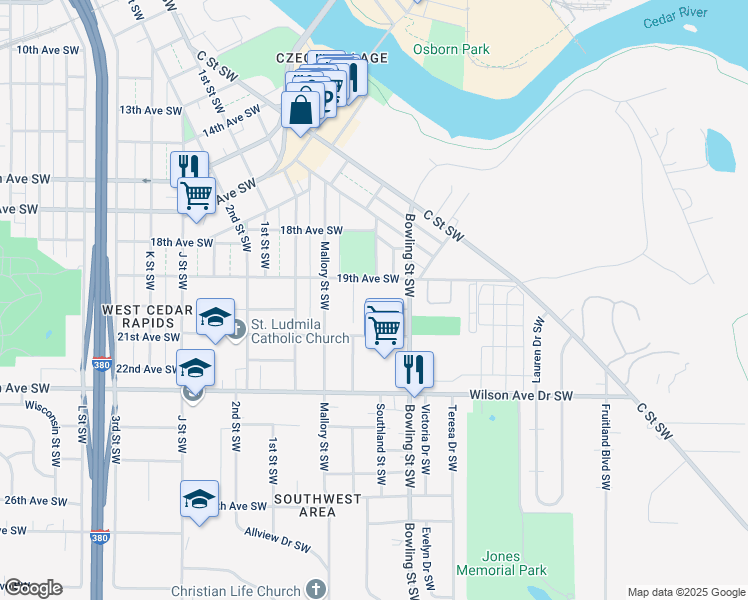 map of restaurants, bars, coffee shops, grocery stores, and more near 139 19th Avenue Southwest in Cedar Rapids