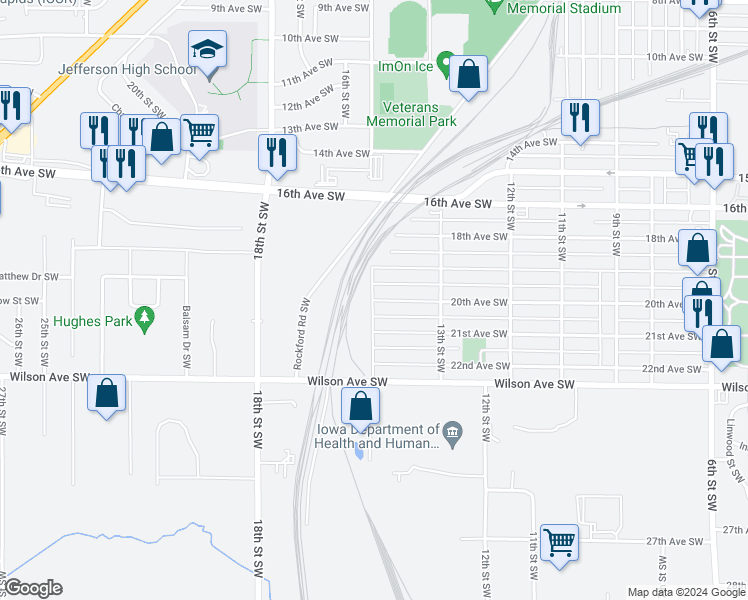 map of restaurants, bars, coffee shops, grocery stores, and more near 1398 20th Avenue Southwest in Cedar Rapids