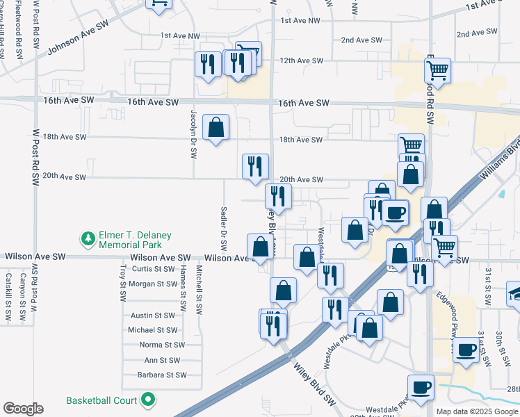 map of restaurants, bars, coffee shops, grocery stores, and more near 2000 Wiley Boulevard Southwest in Cedar Rapids