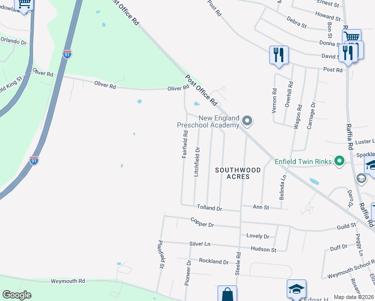 map of restaurants, bars, coffee shops, grocery stores, and more near 12 Litchfield Drive in Enfield
