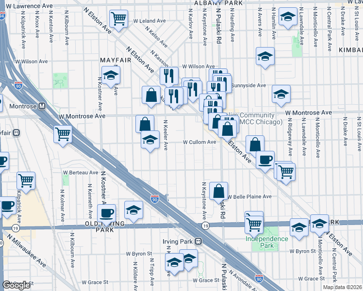 map of restaurants, bars, coffee shops, grocery stores, and more near 4248 North Kedvale Avenue in Chicago