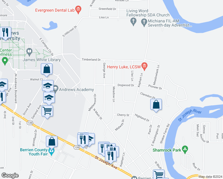 map of restaurants, bars, coffee shops, grocery stores, and more near 8826 Meadow Lane in Berrien Springs