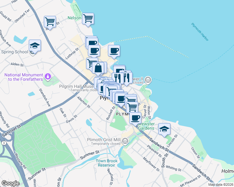 map of restaurants, bars, coffee shops, grocery stores, and more near 1 Howland Court in Plymouth