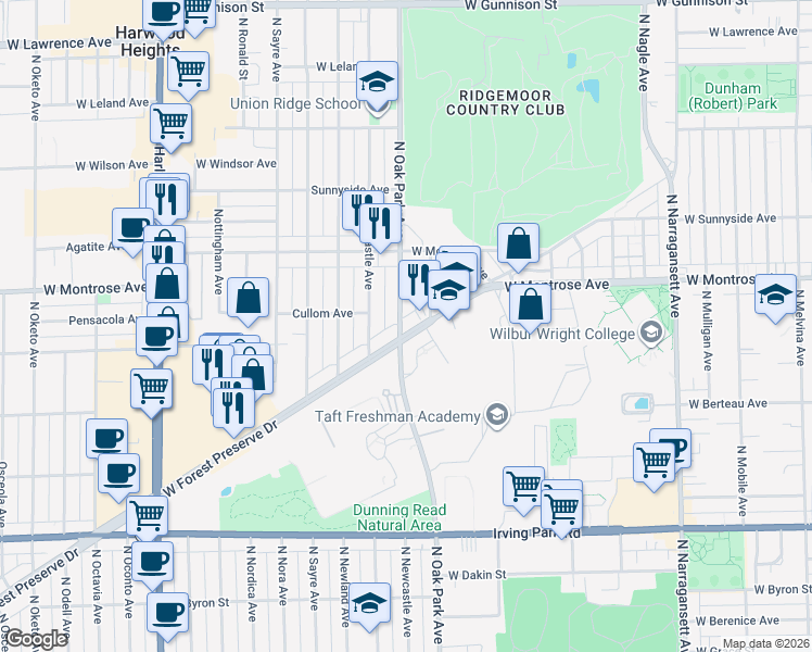 map of restaurants, bars, coffee shops, grocery stores, and more near 4334 North Oak Park Avenue in Chicago