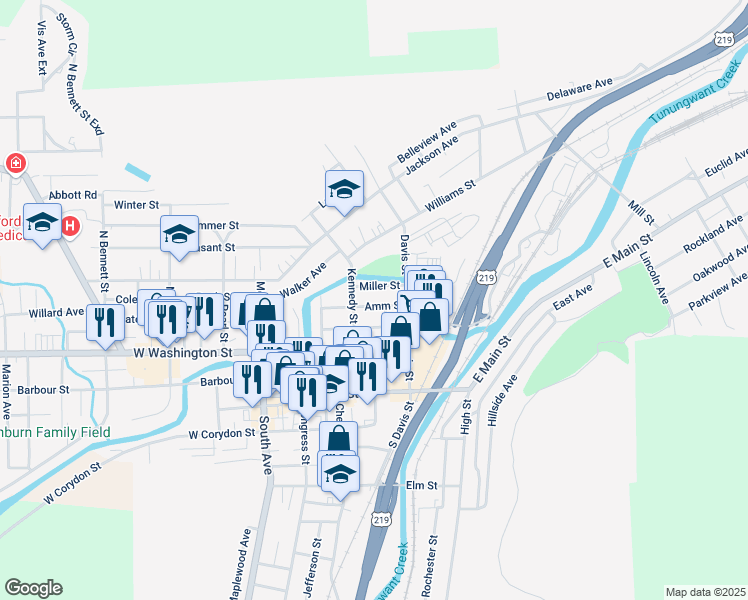 map of restaurants, bars, coffee shops, grocery stores, and more near 1-35 Miller Street in Bradford