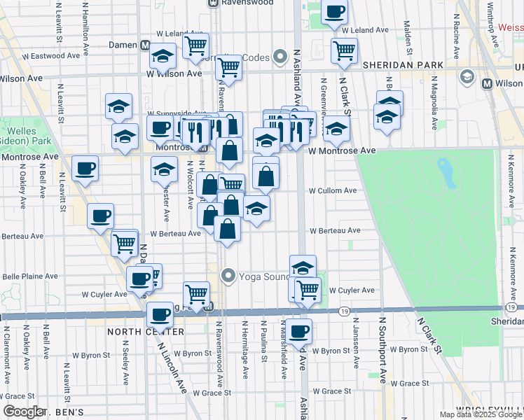 map of restaurants, bars, coffee shops, grocery stores, and more near 4253 North Hermitage Avenue in Chicago