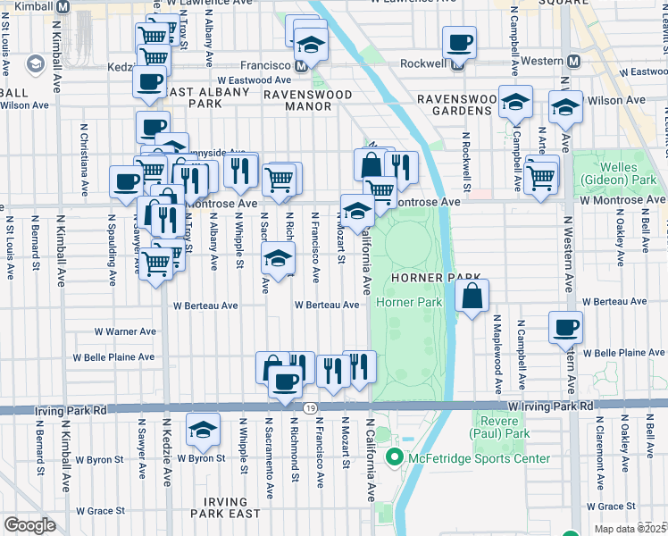 map of restaurants, bars, coffee shops, grocery stores, and more near 2856 West Cullom Avenue in Chicago
