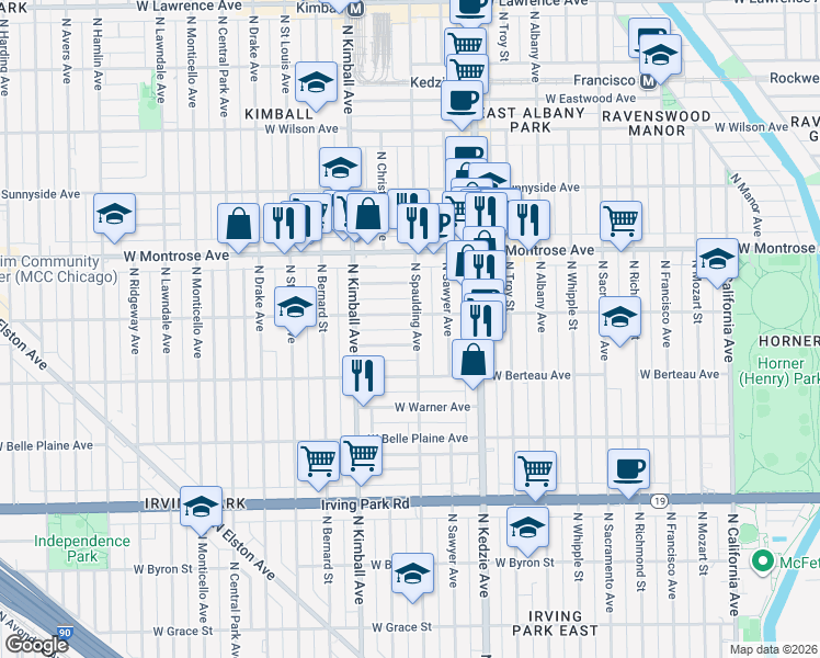 map of restaurants, bars, coffee shops, grocery stores, and more near 3306 West Cullom Avenue in Chicago