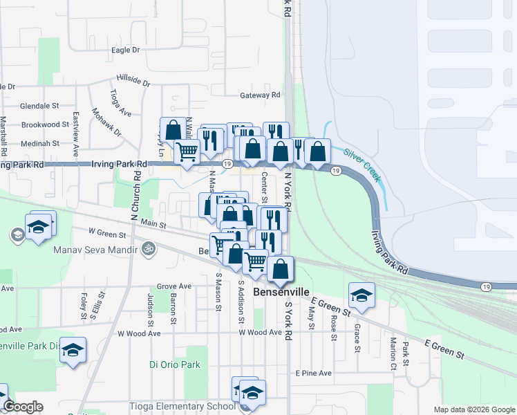 map of restaurants, bars, coffee shops, grocery stores, and more near 127 North Addison Street in Bensenville