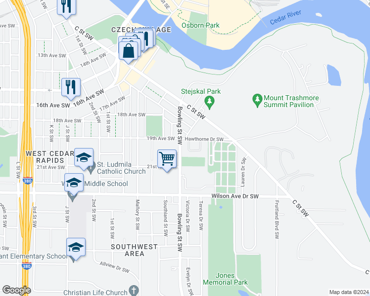 map of restaurants, bars, coffee shops, grocery stores, and more near 147 Bowling Street Southwest in Cedar Rapids