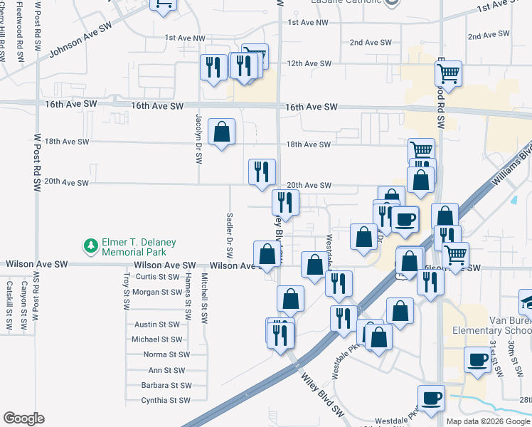 map of restaurants, bars, coffee shops, grocery stores, and more near 2000 Wiley Boulevard Southwest in Cedar Rapids