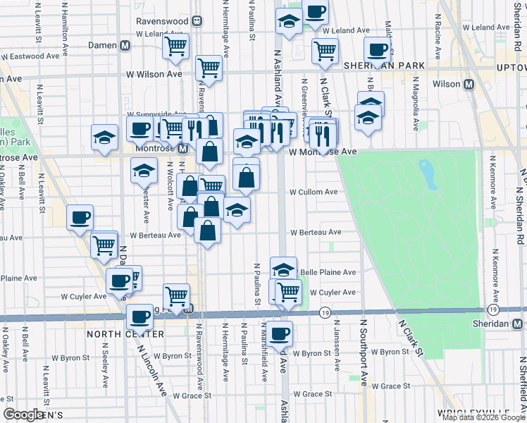 map of restaurants, bars, coffee shops, grocery stores, and more near 4233 North Paulina Street in Chicago