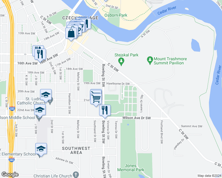 map of restaurants, bars, coffee shops, grocery stores, and more near 26 Aossey Lane Southwest in Cedar Rapids