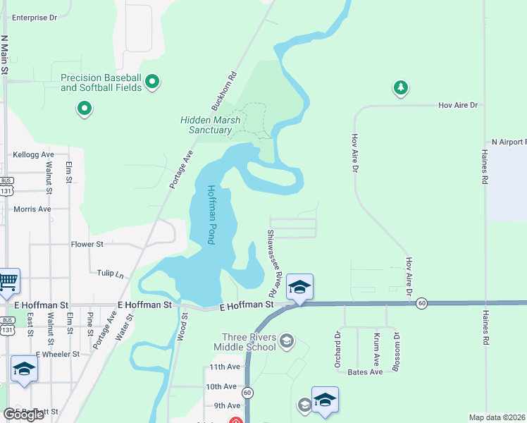 map of restaurants, bars, coffee shops, grocery stores, and more near 818 Raisin River Road in Three Rivers