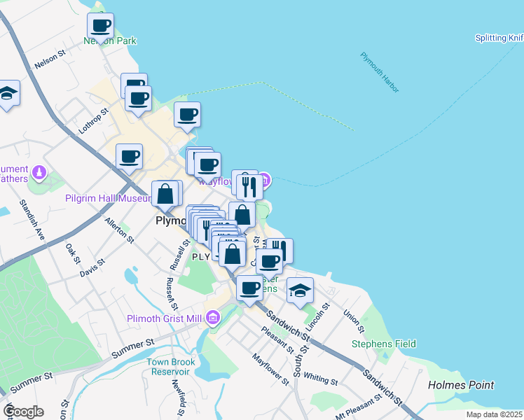 map of restaurants, bars, coffee shops, grocery stores, and more near 77 Water Street in Plymouth