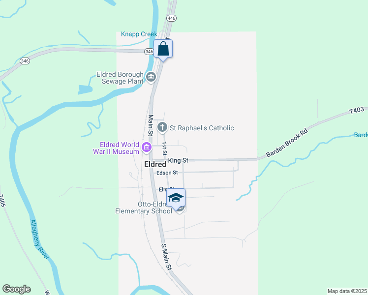 map of restaurants, bars, coffee shops, grocery stores, and more near Central Street in Eldred