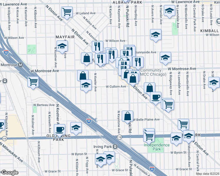 map of restaurants, bars, coffee shops, grocery stores, and more near 4121 West Cullom Avenue in Chicago