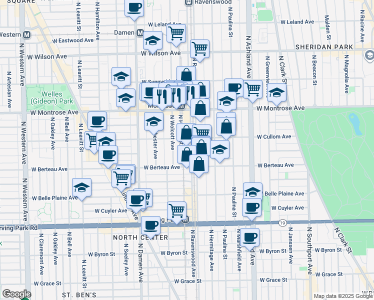 map of restaurants, bars, coffee shops, grocery stores, and more near 4255 North Honore Street in Chicago