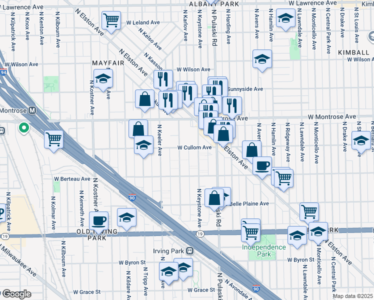 map of restaurants, bars, coffee shops, grocery stores, and more near 4121 West Cullom Avenue in Chicago