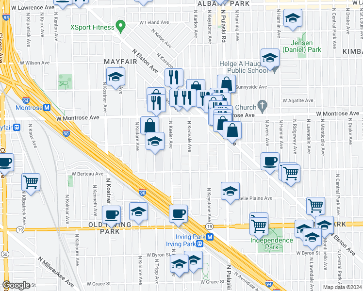 map of restaurants, bars, coffee shops, grocery stores, and more near 4155 West Cullom Avenue in Chicago