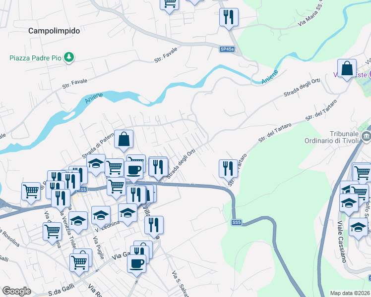 map of restaurants, bars, coffee shops, grocery stores, and more near 60 Via Molise in Tivoli