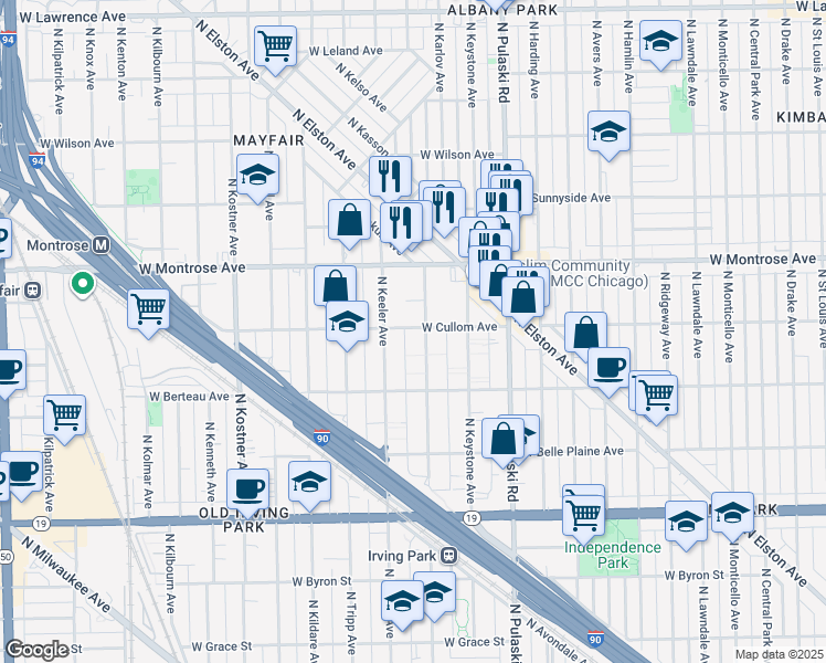 map of restaurants, bars, coffee shops, grocery stores, and more near 4151 West Cullom Avenue in Chicago