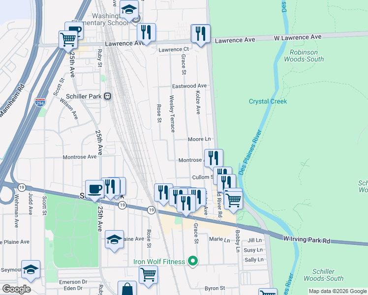 map of restaurants, bars, coffee shops, grocery stores, and more near 4442 Grace Street in Schiller Park