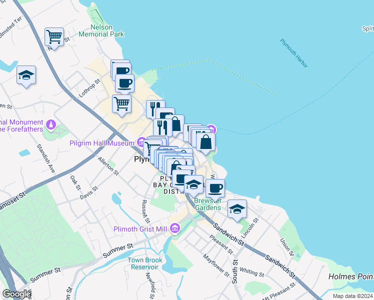 map of restaurants, bars, coffee shops, grocery stores, and more near 84 Water Street in Plymouth