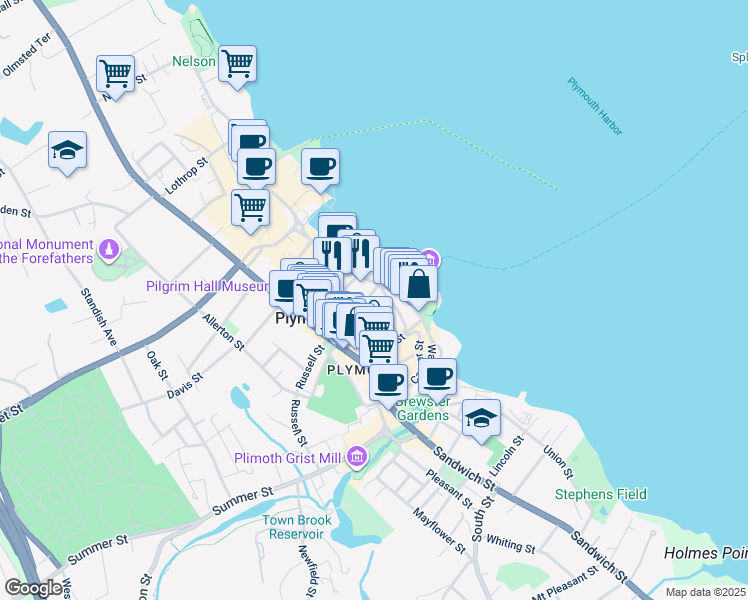 map of restaurants, bars, coffee shops, grocery stores, and more near 98 Water Street in Plymouth
