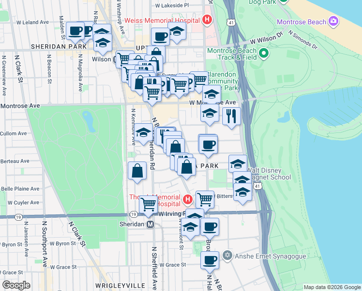map of restaurants, bars, coffee shops, grocery stores, and more near 4244 North Hazel Street in Chicago