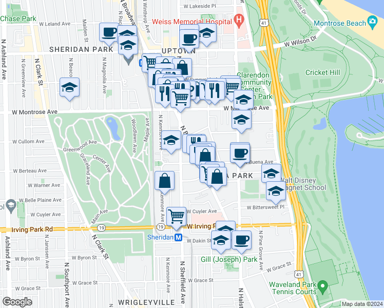 map of restaurants, bars, coffee shops, grocery stores, and more near 4244 North Broadway in Chicago