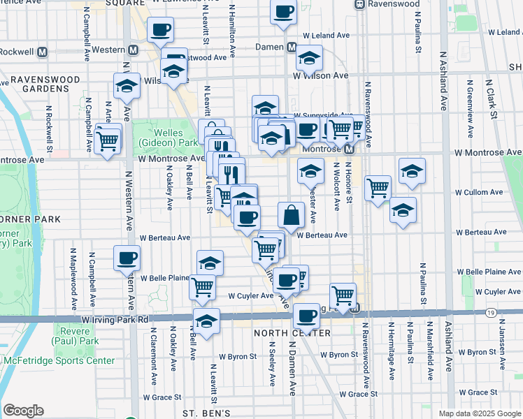 map of restaurants, bars, coffee shops, grocery stores, and more near 2055 West Cullom Avenue in Chicago