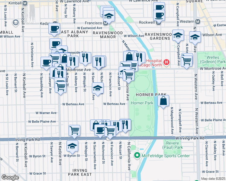 map of restaurants, bars, coffee shops, grocery stores, and more near 2856 West Cullom Avenue in Chicago