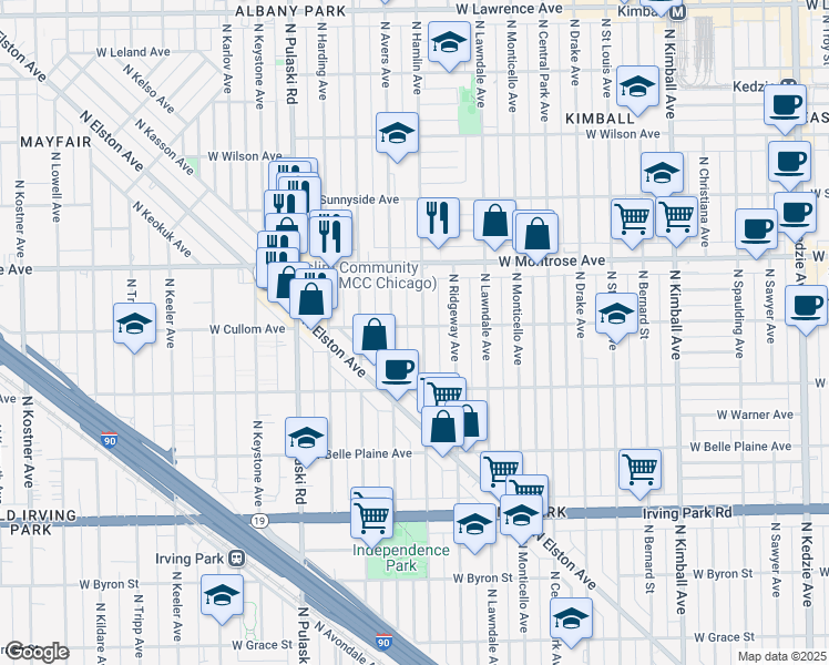 map of restaurants, bars, coffee shops, grocery stores, and more near 4308 North Hamlin Avenue in Chicago