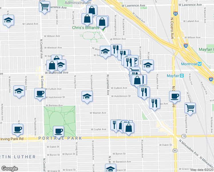 map of restaurants, bars, coffee shops, grocery stores, and more near 5201 West Pensacola Avenue in Chicago